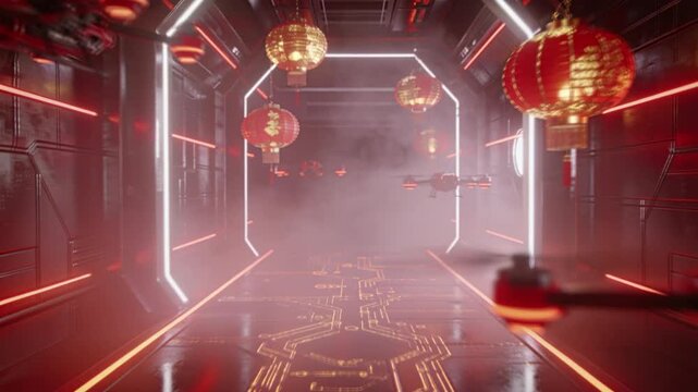 Realistic sci‑fi corridor lit by floating red and gold lantern‑drones, neon reflections on metallic walls, soft haze, and glowing circuitry patterns in the floor, premium futuristic Lunar New Year sty