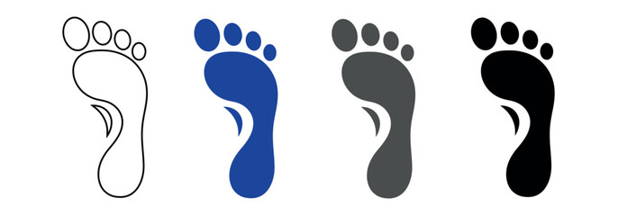 Obraz premium Single human footprint icon set in outline, blue, grey, and black. Minimalist foot sole silhouette isolated on white.