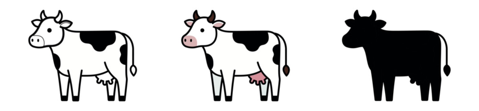 Professional farm cow icons in three variations: black and white line art, colored realistic version, and flat black silhouette.
