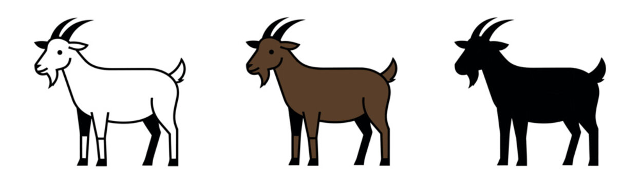 Brown goat illustrations in three variations: simple line drawing, realistic brown color, and flat black silhouette. Clean farm animal icons.