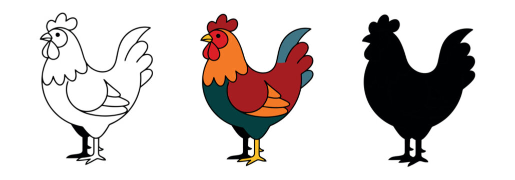 Rooster character set in outline, colorful traditional style, and black silhouette. Farmyard cockerel illustration for design.