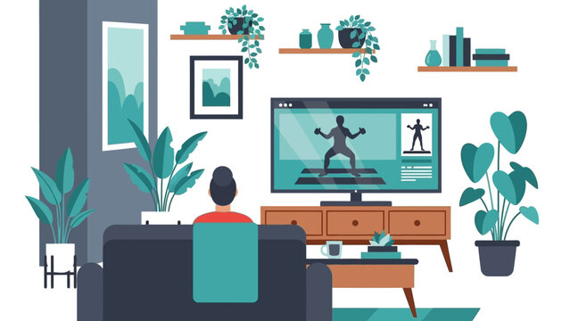 Home workout scene with virtual trainer on tv in modern living room
