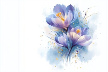 Watercolor illustration of delicate crocus flowers in a ceramic vase with soft abstract splashes and golden accents, isolated on white background