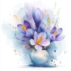 Watercolor illustration of delicate crocus flowers in a ceramic vase with soft abstract splashes and golden accents, isolated on white background
