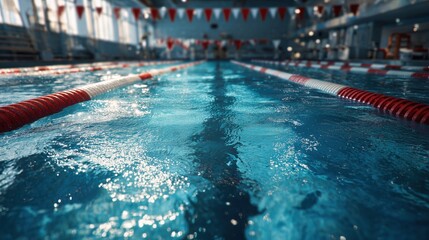 Empty professional swimming pool with red and white lane markers