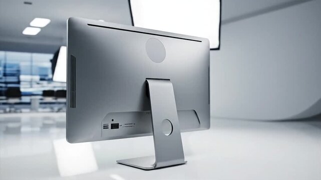 Modern computer monitor standing on a sleek stand in a minimalist white office space viewed from behind