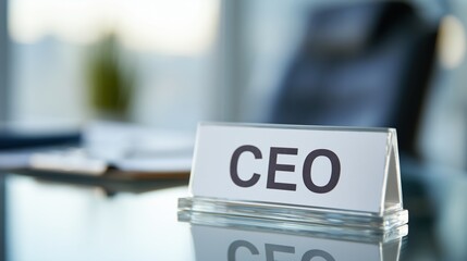 Professional CEO nameplate on reflective office desk