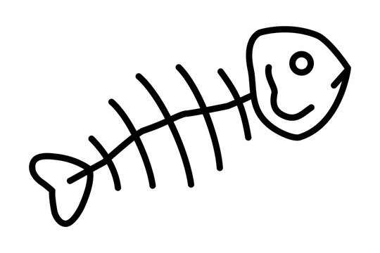 Hand drawn cute outline illustration of fish skeleton. Flat vector recycling trash line art doodle. Organic garbage sorting. Ocean pollution. Dead underwater animal bone sticker, icon. Isolated.