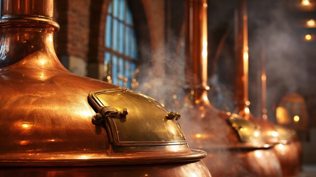 Large copper brewing kettles in a traditional craft brewery