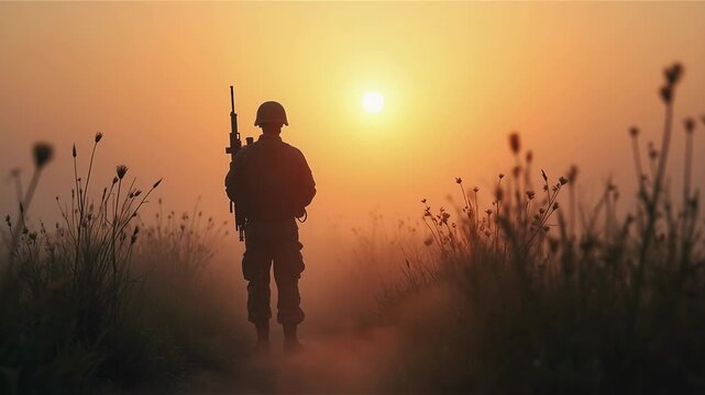 Soldier silhouette standing in foggy trench watching sunrise horizon

