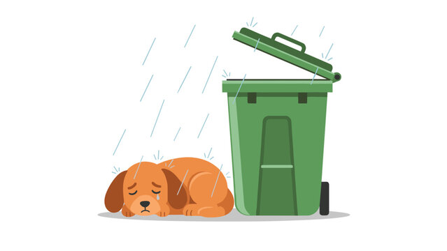 A sad, lonely puppy sitting next to an open trash can in the rain, depicting abandonment, homelessness, and animal welfare.