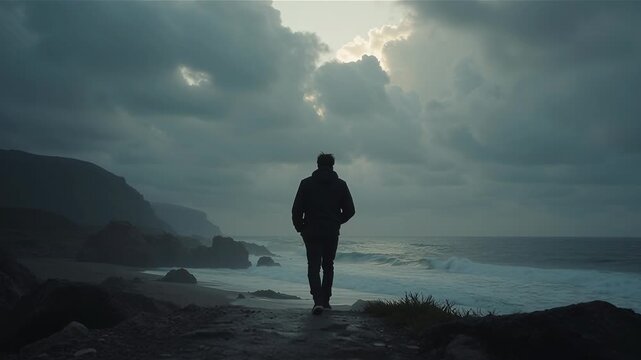 Rear view silhouette man walking towards ocean dark cloudy horizon
