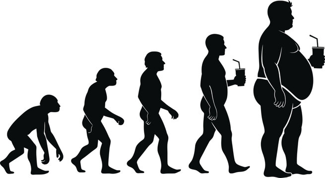Human evolution silhouette, from ape to obese man with soda