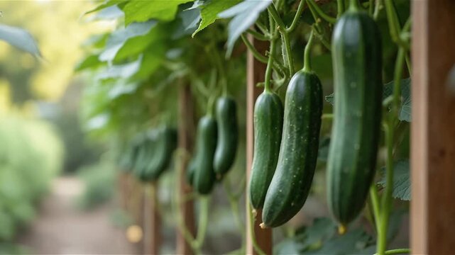 Ripe green cucumbers hanging from wooden garden trellis vines
