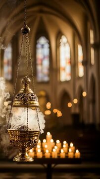 Incense censer swinging with smoke in church during an Epiphany service as candles burn in background Vertical video