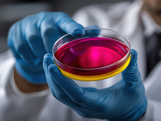 Scientist holds petri dish with colorful liquid in laboratory setting