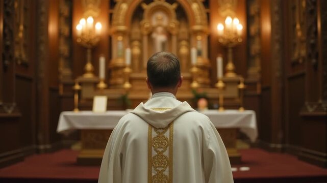 Priest in white vestments standing before ornate church altar candlelight
