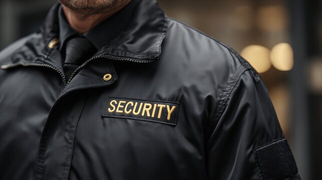 Close-up of security guard in black uniform jacket