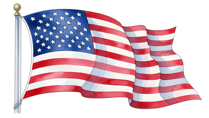 Fototapeta premium American flag waving on a white background with a pole and gold finial
