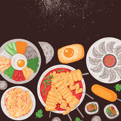 Korean food vector drawing. Top view Korean food dishes vector illustration. Flat style. Bibimbap, odeng, kimcgi, mandu, corn dog, kimbap, egg bread