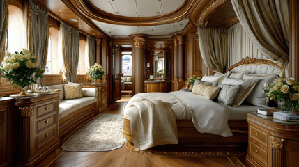 Elegant bedroom with wooden decor and floral arrangements in classic style yacht interior, cruise theme