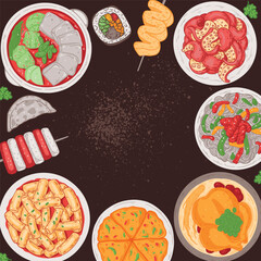 Korean food vector drawing. Top view Korean food dishes vector illustration. Flat style. Jjigae, mandu, tteokbokki, pajeon, samgyetang, japchae, nakji bokkeum