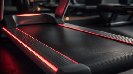 Modern treadmill with red neon lighting in a dark gym interior