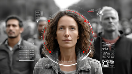Futuristic augmented reality interface with focus on caucasian woman in crowd, concept of ai surveillance systems
