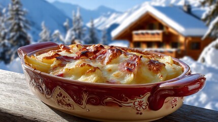 Tartiflette melted cheese and potatoes ceramic baking dish background snowy French Alps chalet with mountains behind cozy warm scene