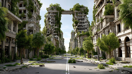 Post-apocalyptic urban landscape with overgrown buildings and abandoned streets