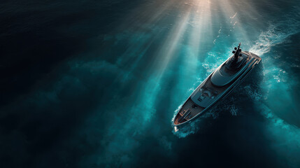 Luxury yacht sailing through ocean waters with dramatic lighting from above, aerial view of sea for background