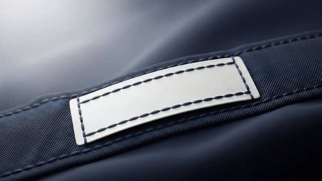 Close-up of a blank white label stitched onto dark fabric, ready for branding.