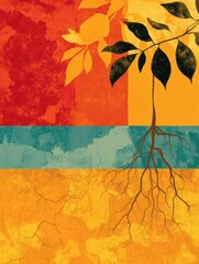 Naklejka premium A design features roots connected to plant life against a colorful background with earthy tones and textures representing sustainability.