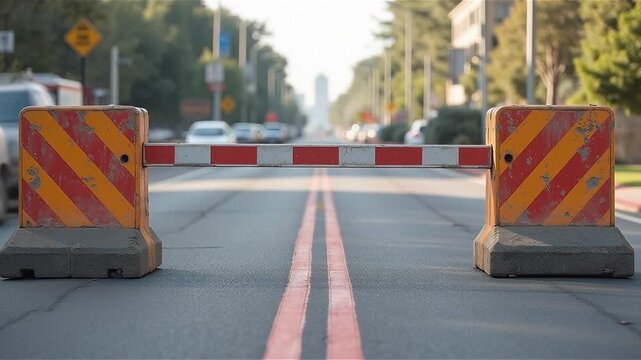 Concrete military checkpoint barricade blocking road with red warning stripe
