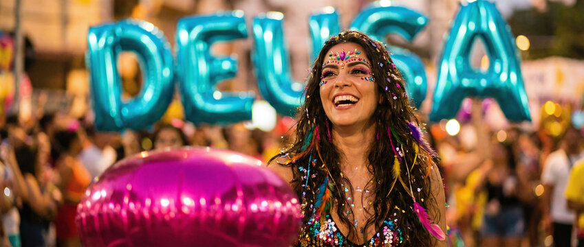 a woman with long, colorful, feathered hair, wearing glittery face paint and a sequined top, holding a pink balloon, standing in front of large blue "DEUSA" balloons.
