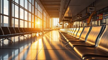 Empty airport terminal at sunrise with golden light reflecting on seats and glass walls, showing calm travel atmosphere and modern aviation architecture