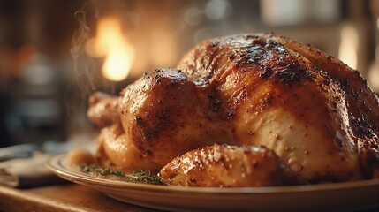 Steaming hot roasted chicken on a plate. Golden-brown crispy skin with herbs. Perfect for holiday dinner or festive meal