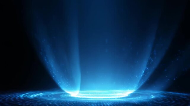 Blue holographic portal emits radiant beams and sparkling particles in a high tech digital environment. Perfect for themes of innovation, virtual reality, and advanced technology visuals