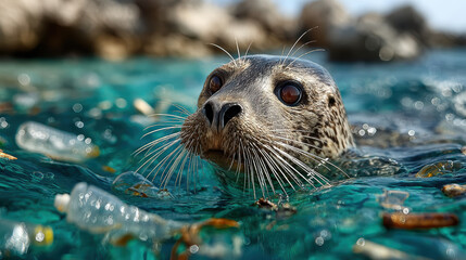 Ocean pollution impact on wildlife: seal amidst marine debris and plastic waste threatening marine ecosystems