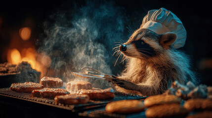 Adorable raccoon chef grilling burgers and sausages with smoke at an outdoor barbecue in the evening with charming chef hat