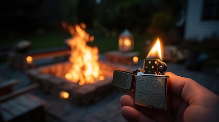 Close up of a hand holding a lit metal lighter with a bonfire in the background