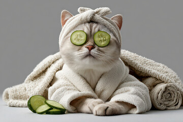 Relaxed cat enjoying spa day with cucumber eye treatment and soft towels for ultimate relaxation