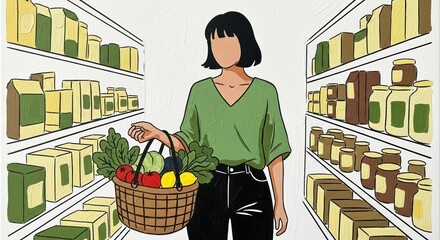 Woman shopping in vegan grocery aisle holding basket, minimalist acrylic style, bold colors, modern clean aesthetic