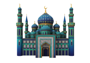 turquoise islamic mosque facade with domes and minarets