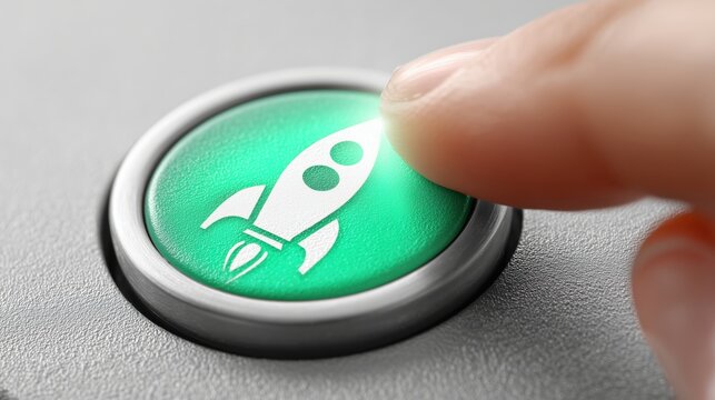 Close up of a person pressing a green start button with a rocket icon for business launch