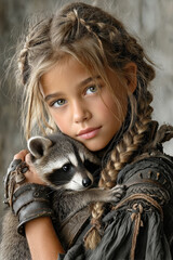 Young girl with braids holding a raccoon in rustic outfit with natural backdrop, child and cute pet