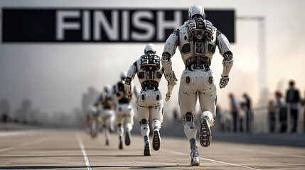 Futuristic ai robots racing towards finish line in competitive speed challenge