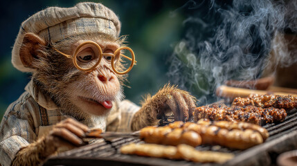 Adorable monkey chef grilling skewers with smoke and flavorful intensity