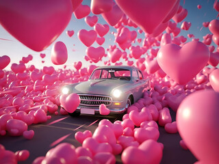 Vintage silver car surrounded by floating pink heart shaped balloons