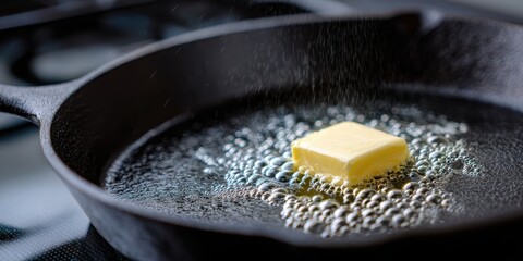 cooking utensils, a black cast iron skillet is shown on a modern stovetop with butter melting in the center